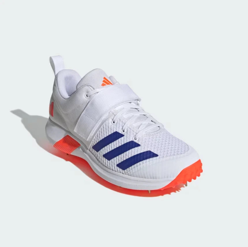 Three-quarter front view of Adidas Adipower Vector 2.0 Cricket Shoes showing blue stripes and lace strap - Alberta Cricket Store