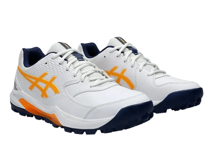 Three-quarter front pair view of ASICS Gel Lethal Field 2 cricket shoes in white, orange, and navy blue