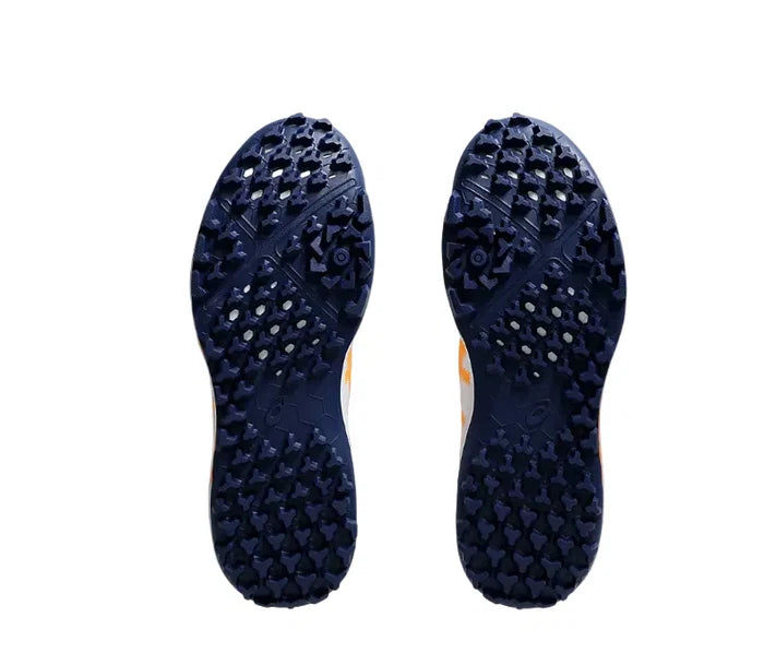 Side profile view of ASICS Gel Lethal Field 2 cricket shoes in white, orange, and navy blue.