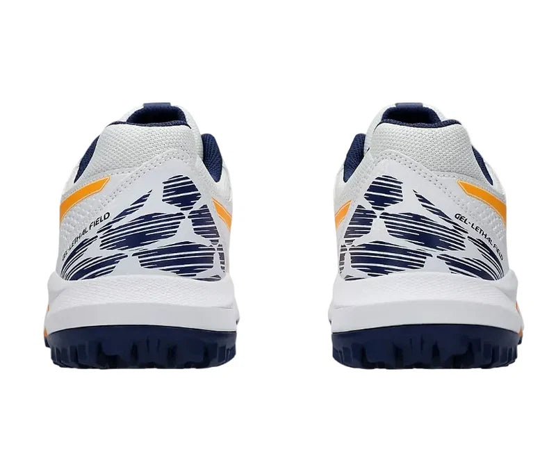 Rear heel view of ASICS Gel Lethal Field 2 cricket shoes showing supportive heel counter in white, orange, and navy blue.