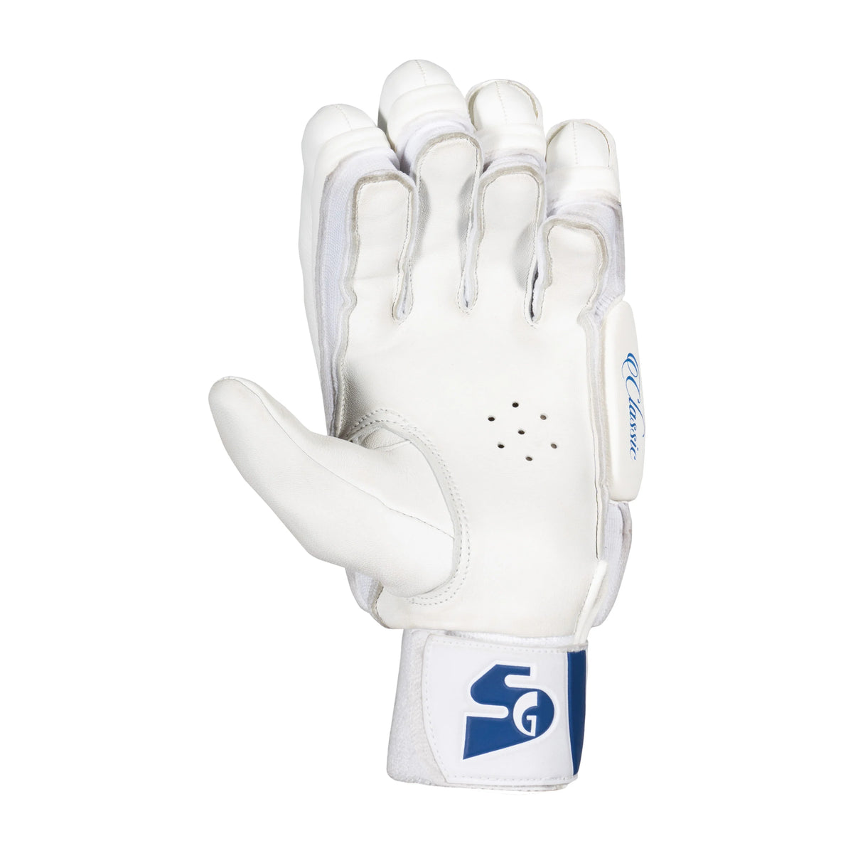 A close-up view of a single white SG Test Classic cricket batting glove showing the protective split-finger foam padding blocks and blue logo.