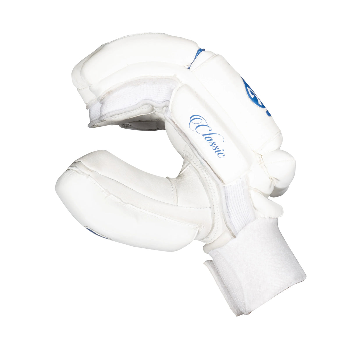 : Side profile of a white SG Test Classic cricket batting glove showing the side finger protection blocks and blue branding text.