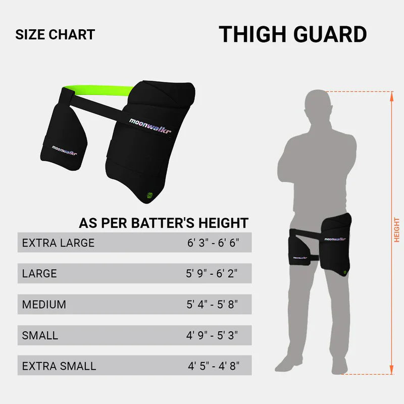 Moonwalkr Thigh Guard size chart showing height recommendations for extra small to extra large sizes.