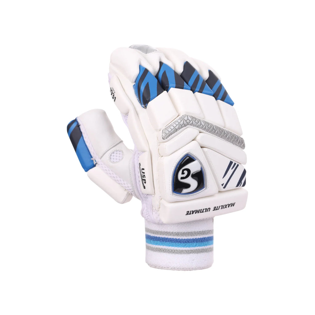 Palm side view of SG Maxilite Ultimate Cricket Batting Glove in white leather with ventilation perforations and secure wrist strap.
