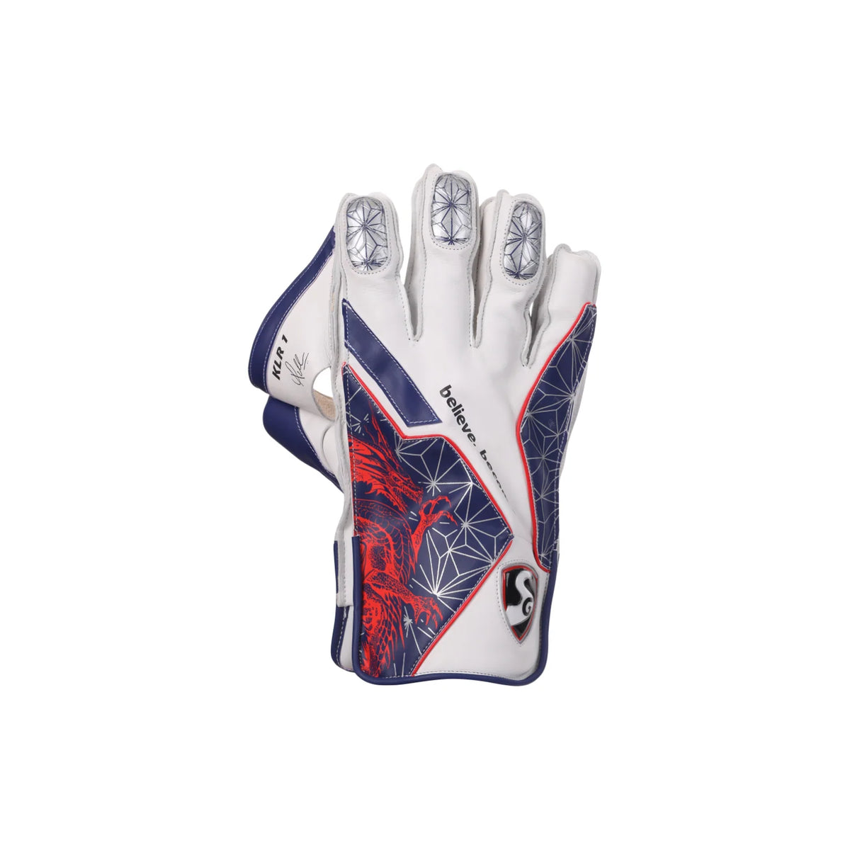 SG Club Wicket Keeping Gloves Junior pair in white and red with blue web pattern accents on a white background.