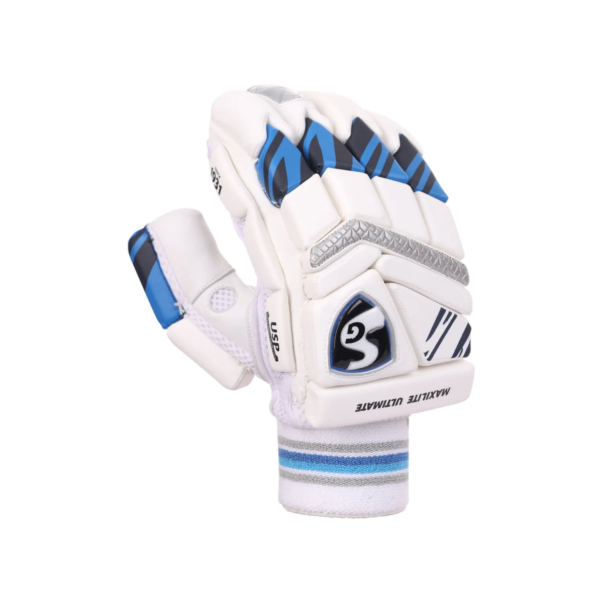 Detailed top-down view of a single white SG Maxilite Ultimate cricket batting glove showing the blue and silver segmented finger protection.