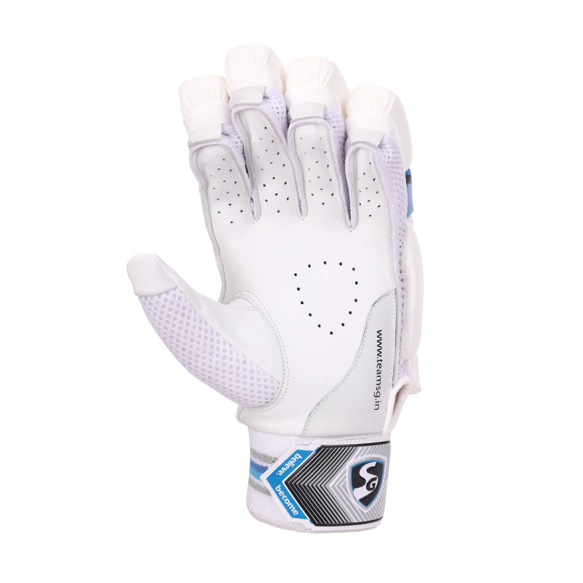 Palm view of an SG Maxilite Ultimate Cricket Batting Glove in white leather with ventilation perforations and secure wrist strap.