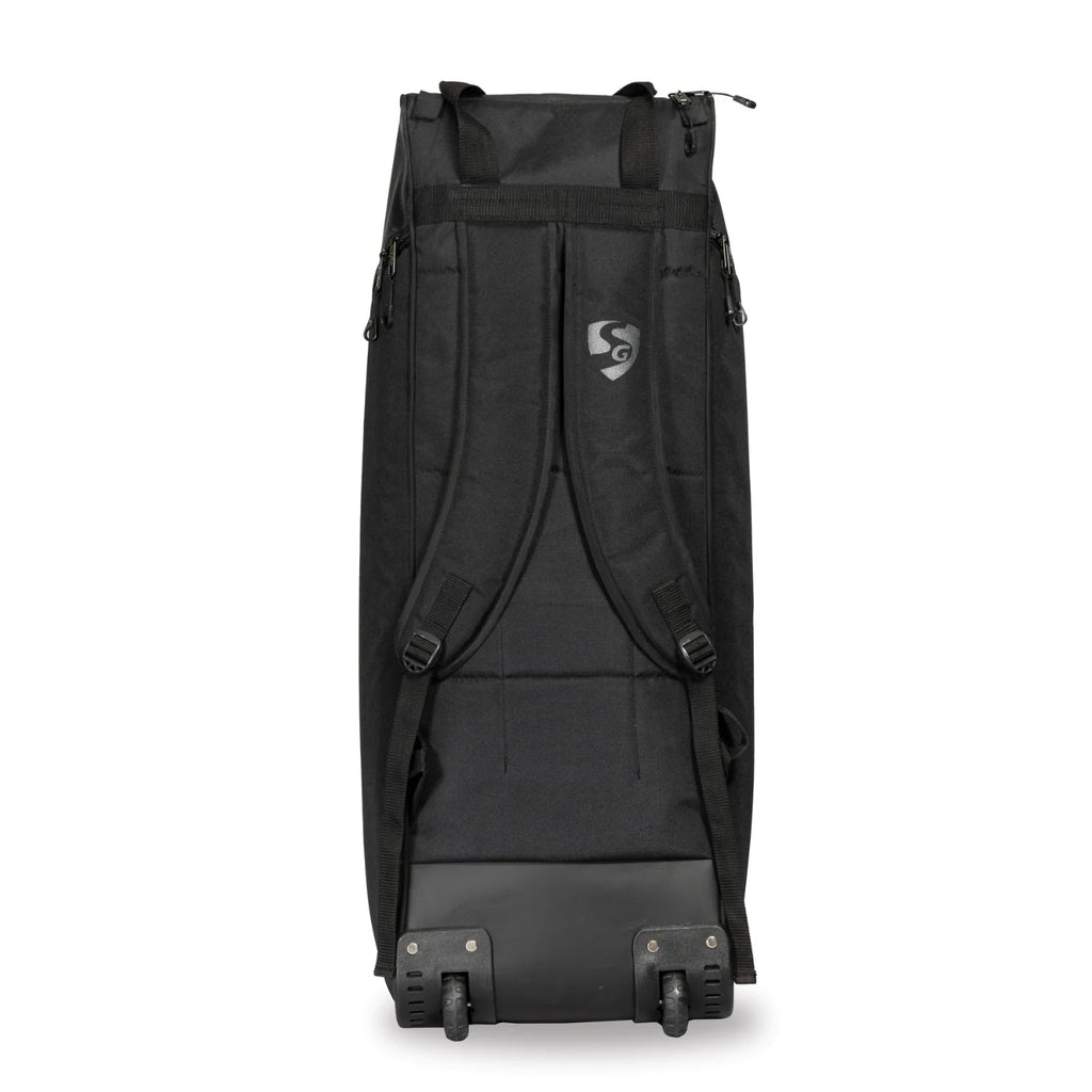 Back view of the black SG KLR Wheelie Duffle Junior cricket kit bag showing its heavy-duty tractor wheels and padded shoulder straps.