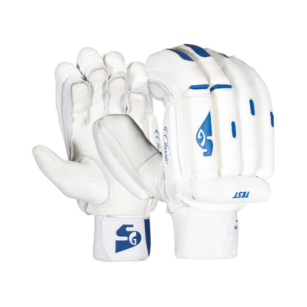 A pair of white SG Test Classic cricket batting gloves with royal blue accents, highlighting both the split-finger protection design and the leather palm.