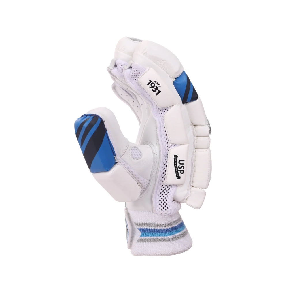 Side profile of a single white SG Maxilite Ultimate cricket batting glove demonstrating the textured blue side padding and reinforced thumb protection blocks