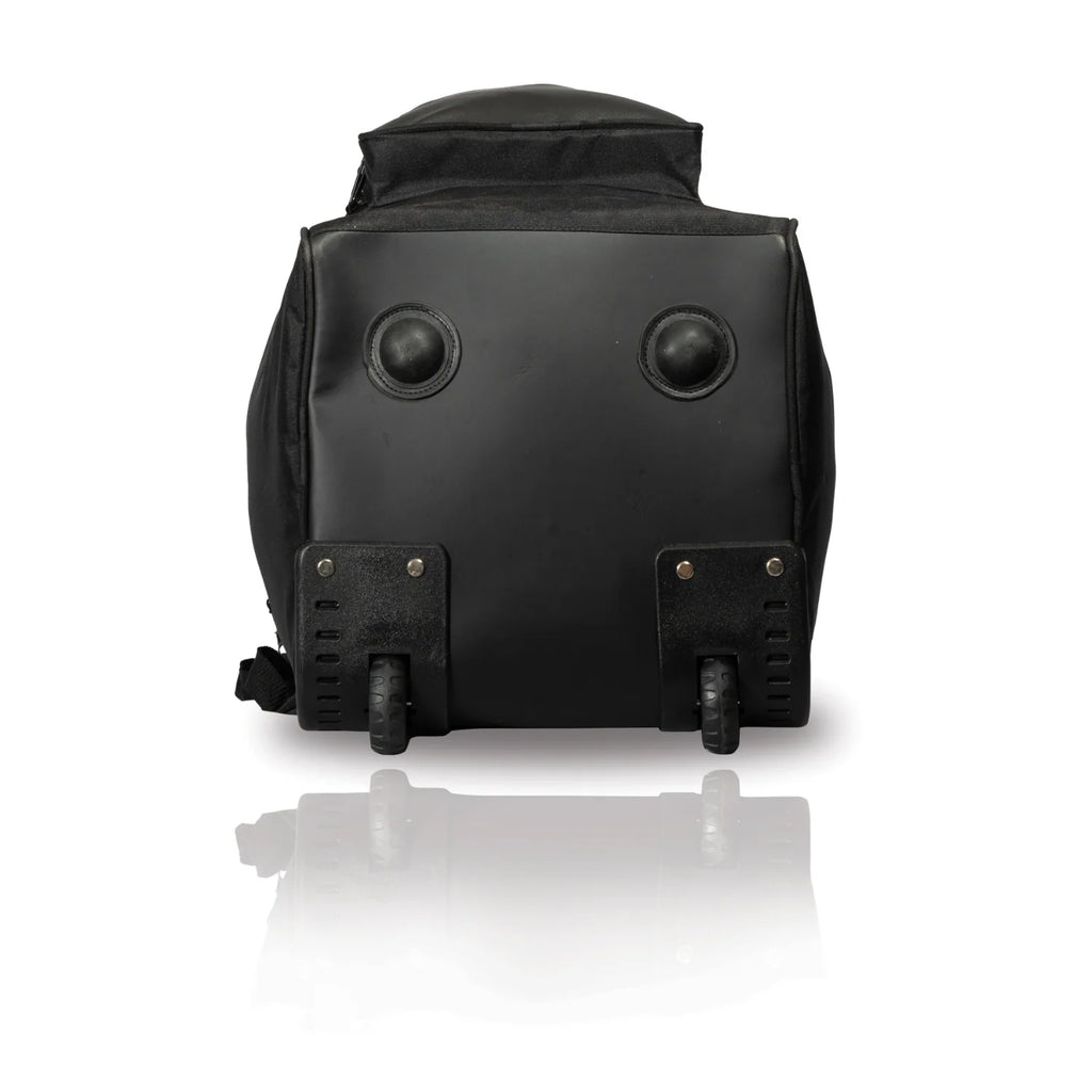 Bottom base view of the black SG KLR Wheelie Duffle Junior cricket kit bag showing two sturdy plastic wheels and protective studs.