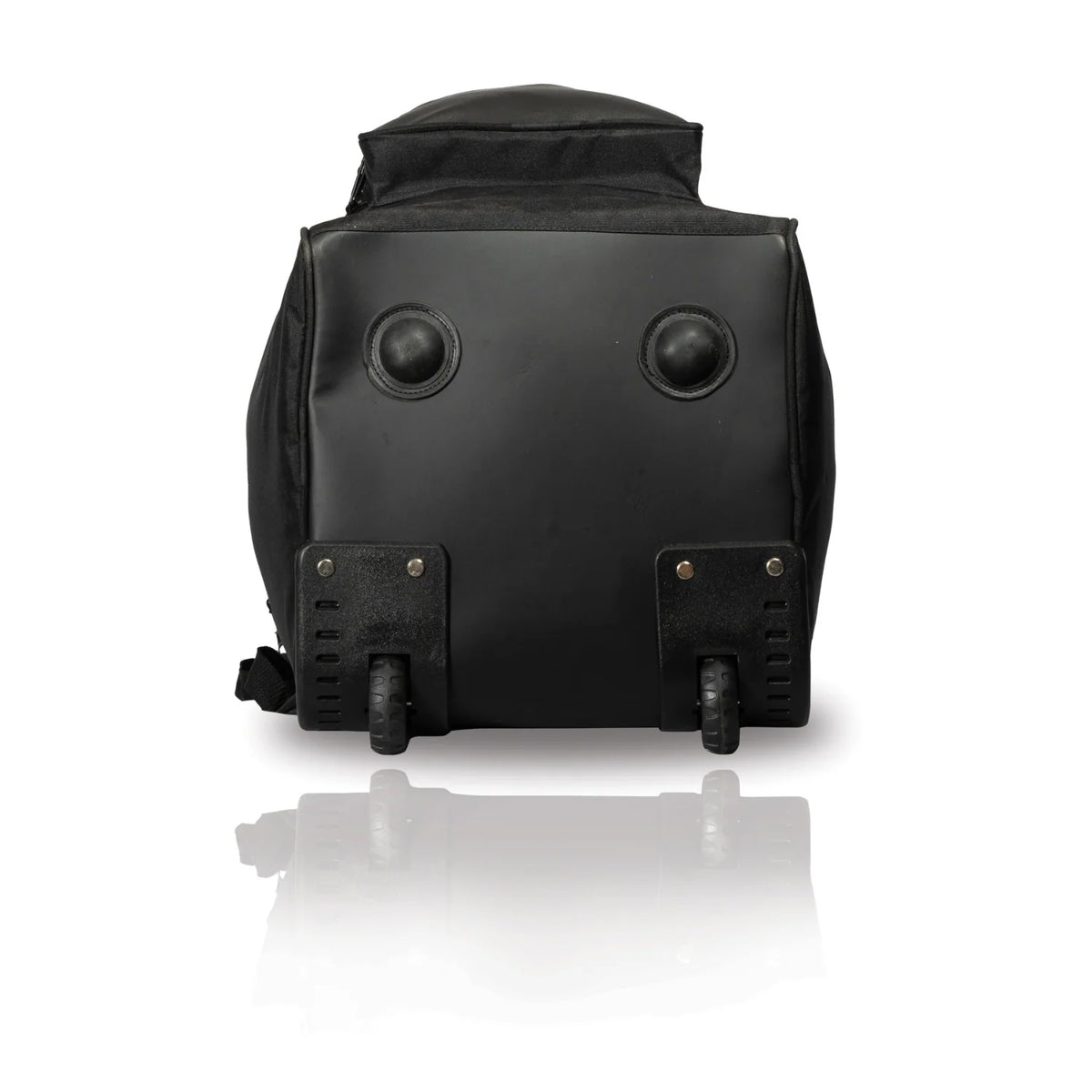 Bottom base view of the black SG KLR Wheelie Duffle Junior cricket kit bag showing two sturdy plastic wheels and protective studs.