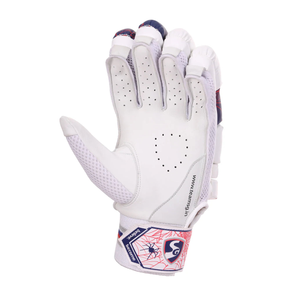 Open palm view of a white SG RP Lite cricket batting glove highlighting the ventilated leather grip and textured index finger casing.