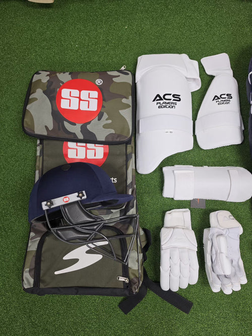 Full cricket kit for left hand batsman with SS kit bag and ACS protective gear