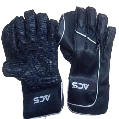 A pair of black ACS Pro Limited Edition wicket keeping gloves displaying the textured dimpled rubber palm grip and the sleek branded back.