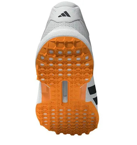 Rear and underside view of a white Adidas 22YDS cricket shoe showing the orange outsole tread.