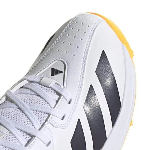 Close-up of the white Adidas 22YDS cricket shoe toe, laces and black stripes.