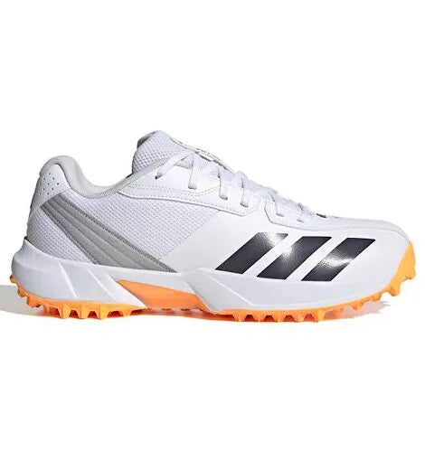 Side view of a white Adidas 22YDS cricket shoe with black stripes, a grey heel panel and orange outsole.