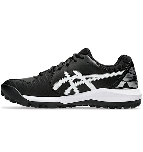 Inner side view of a black and white ASICS Gel Lethal Field 2 shoe facing left.