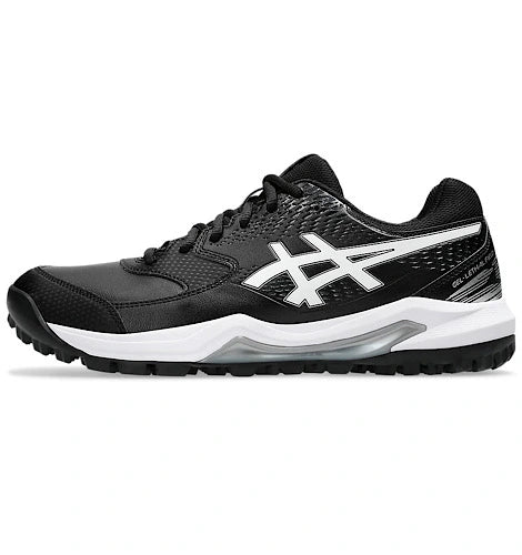 Side profile view of ASICS Gel Lethal Field 2 cricket shoe facing left in black and white.