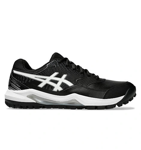 Side profile view of ASICS Gel Lethal Field 2 cricket shoe facing right in black and white.