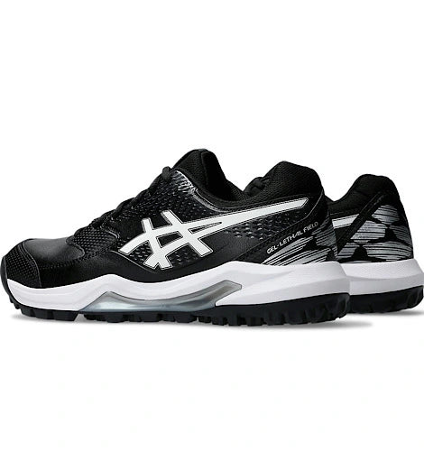 Three-quarter side perspective view of ASICS Gel Lethal Field 2 cricket shoes in black and white.