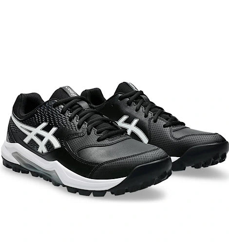 Three-quarter front pair view of ASICS Gel Lethal Field 2 cricket shoes in black and white.