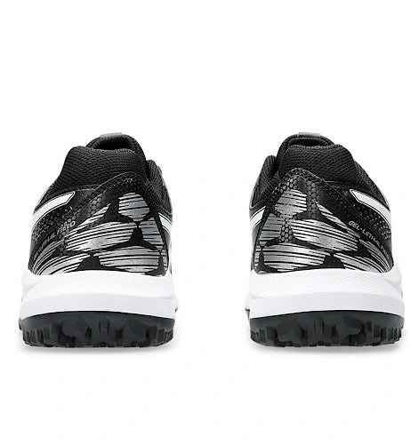 Rear heel view of ASICS Gel Lethal Field 2 cricket shoes showing heel counter in black and white.