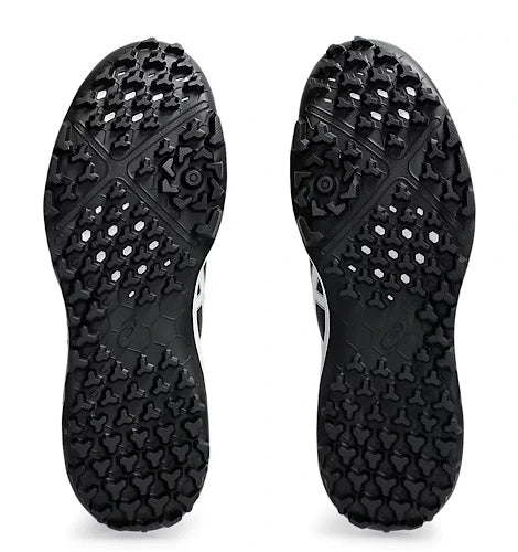 Bottom sole view of ASICS Gel Lethal Field 2 cricket shoes showing black rubber studded spikes.