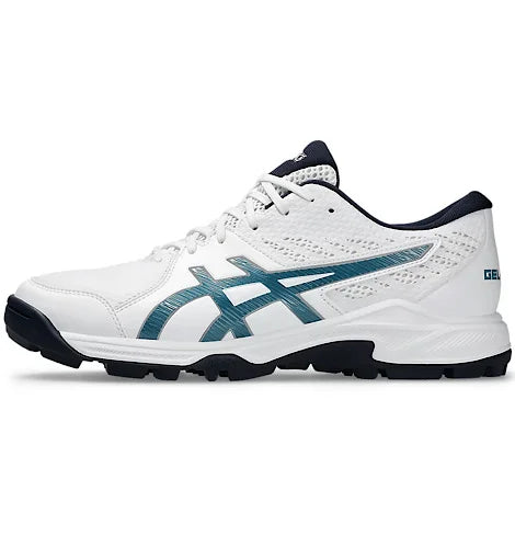 Lateral side view of Asics Gel-Peake 2 cricket shoes in white with teal Asics logo and black outsole.