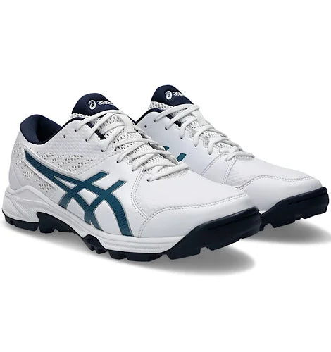 Pair of Asics Gel-Peake 2 cricket shoes in white and navy blue displayed at a three-quarter angle.