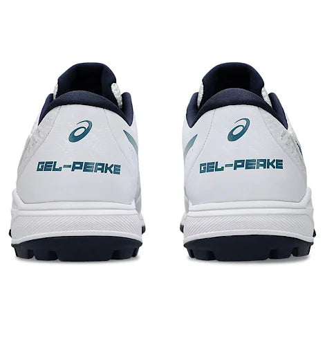 Rear view of Asics Gel-Peake 2 cricket shoes in white and navy blue with Asics branding.