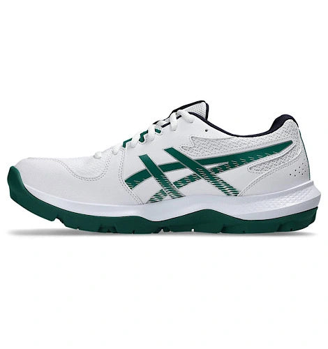 Side view of a white and green ASICS Gel-Peake 3 shoe facing left.