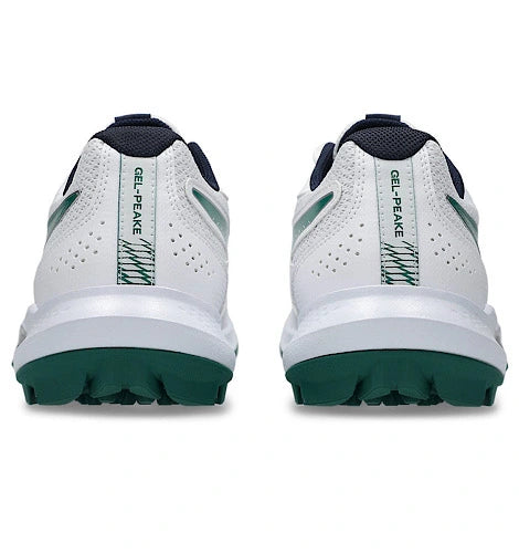 Direct rear view of white and green Asics Gel-Peake 3 cricket shoes displaying GEL-PEAKE branding on heel counters
