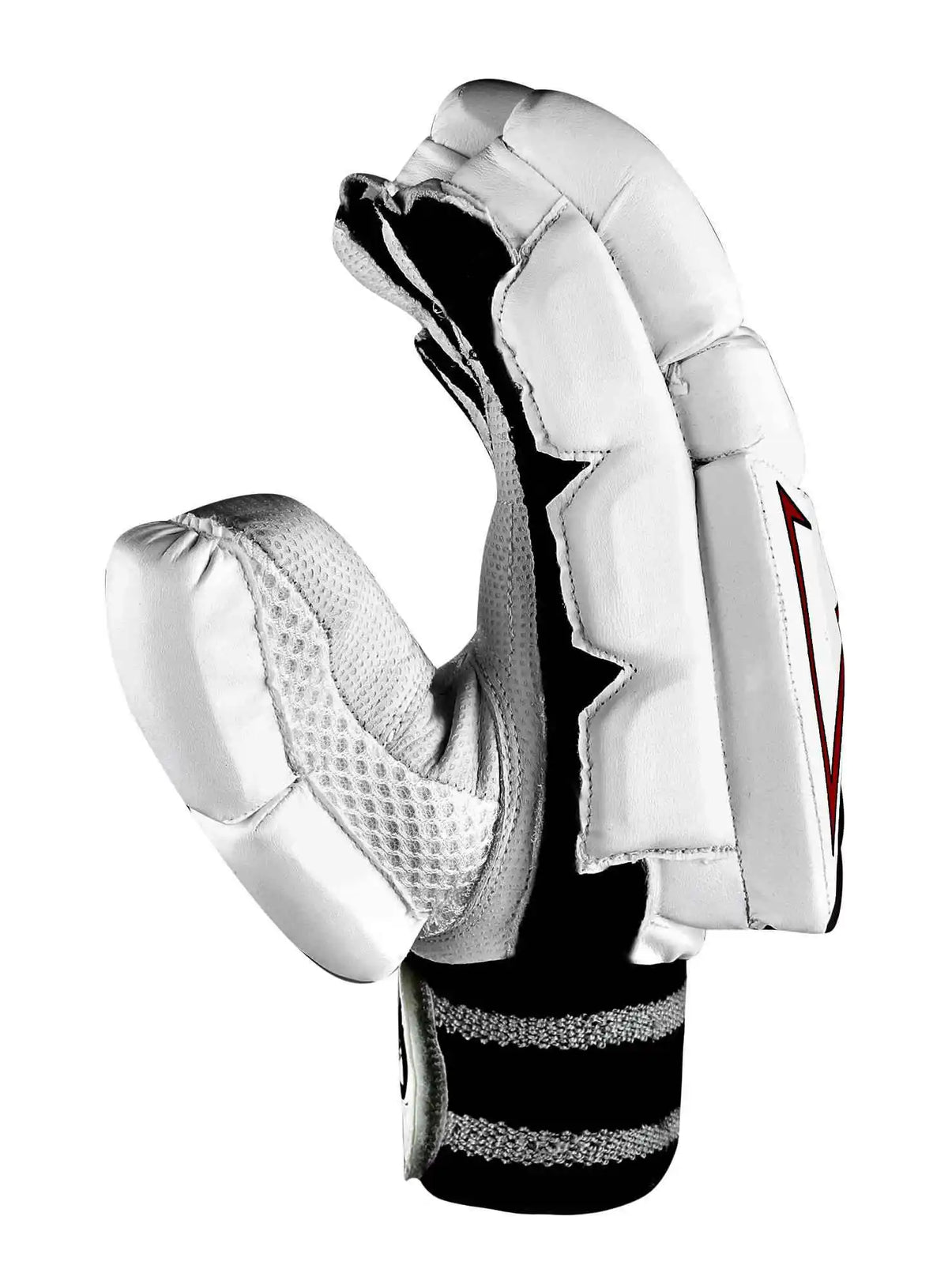 Side profile view of white CA 18K Plus cricket batting glove showing multi-flex finger rolls and thumb padding