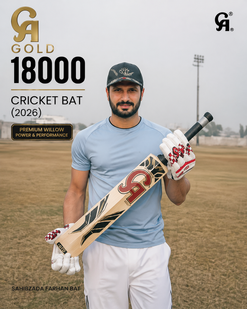 CA Gold 18000 Sahibzada Farhan English Willow Cricket Bat - Short Handle (SH) - Back View