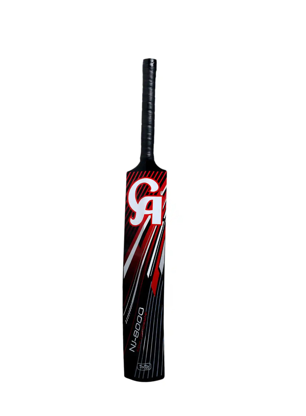 CA NJ 8000 tape ball cricket bat – full-length view with red and black branding