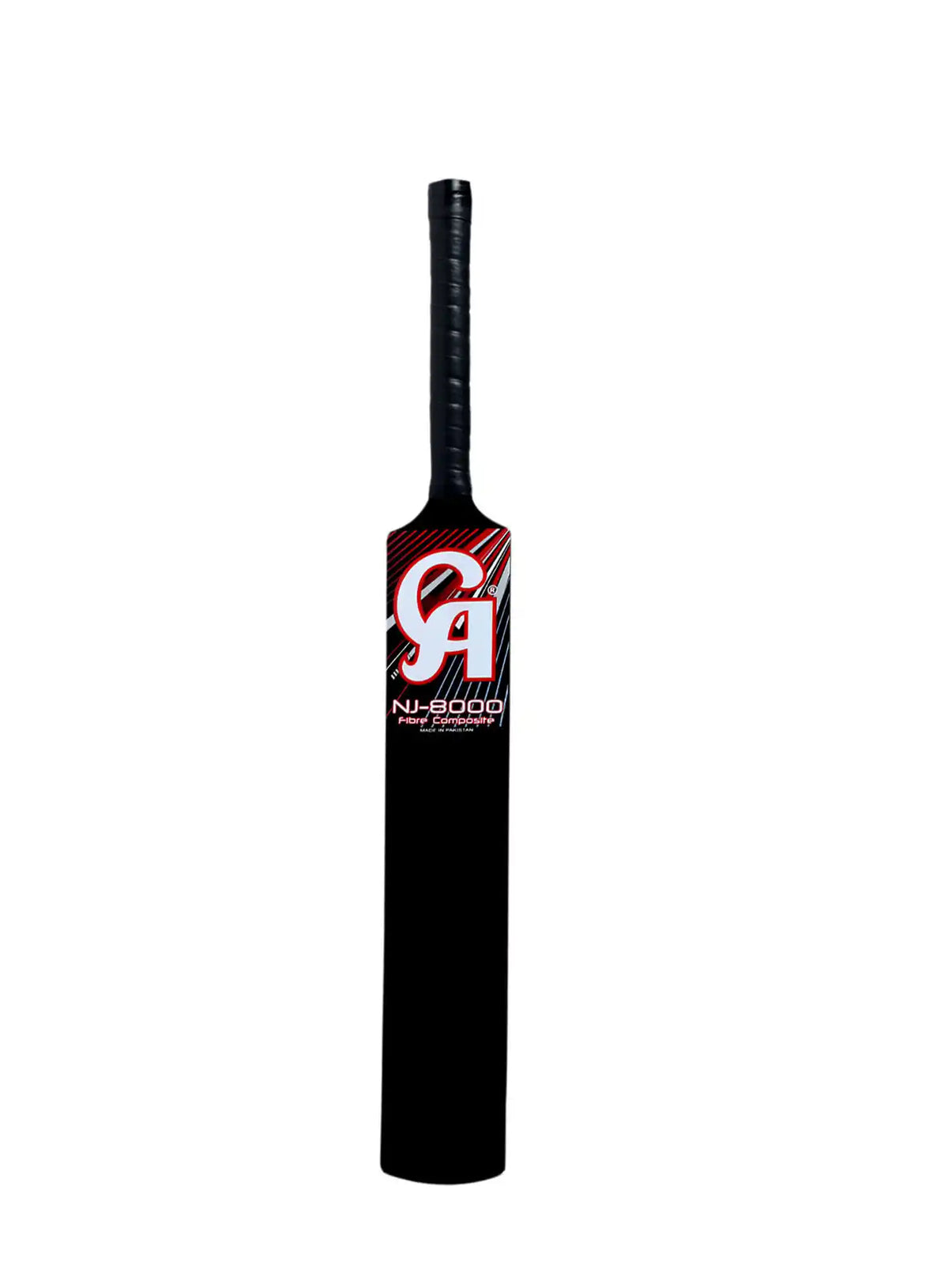 CA NJ 8000 tape ball cricket bat – front view with black blade and grip