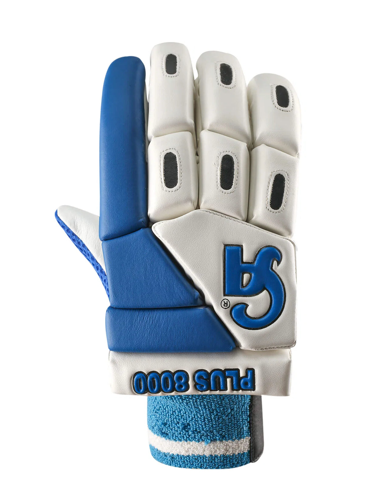 Front full view of CA Plus 8000 adult right-hand batting glove in white and blue showing finger casing padding.