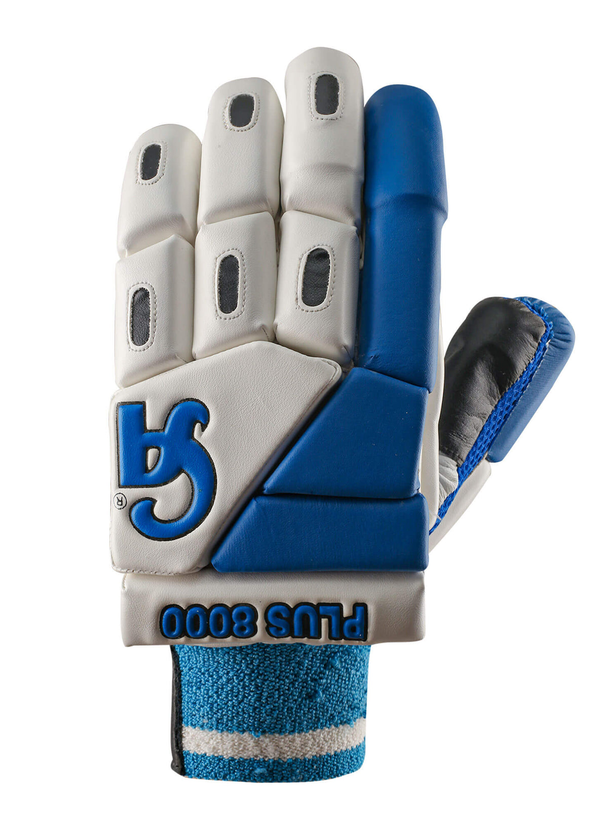 Back outer view of CA Plus 8000 adult right-hand batting glove in white and blue.