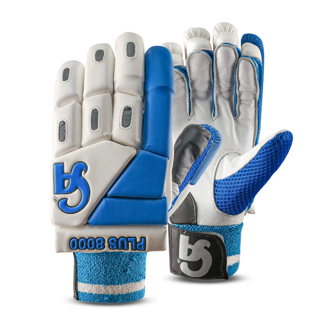 Pair view of CA Plus 8000 adult right-hand batting gloves in white and blue showing back padding and palm.