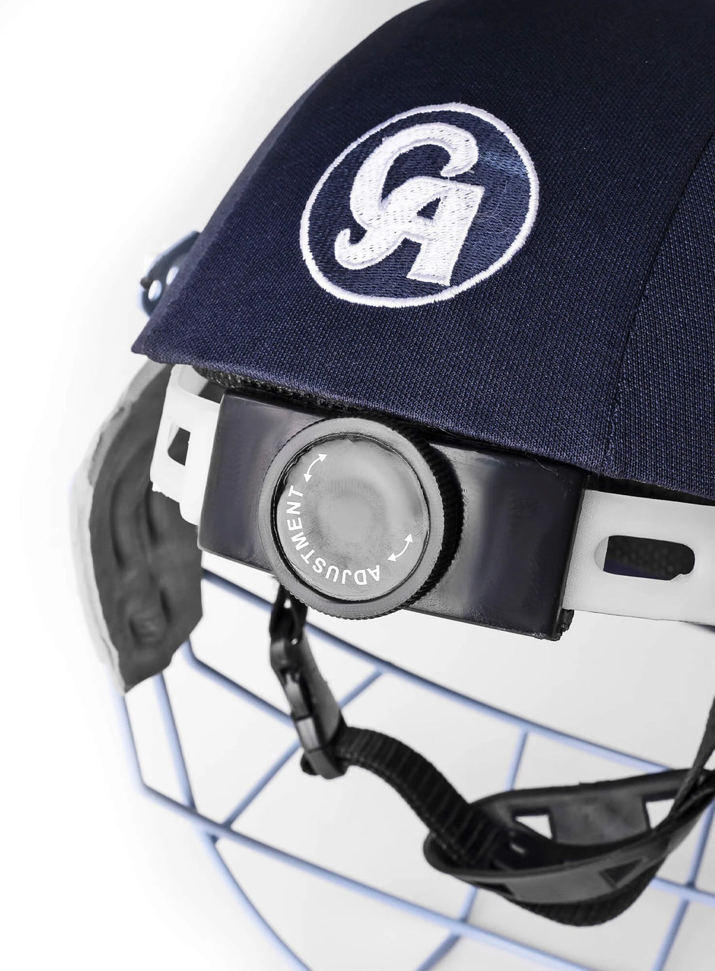Back angled view of CA PLUS 8000 navy blue senior cricket helmet - Alberta Cricket Store