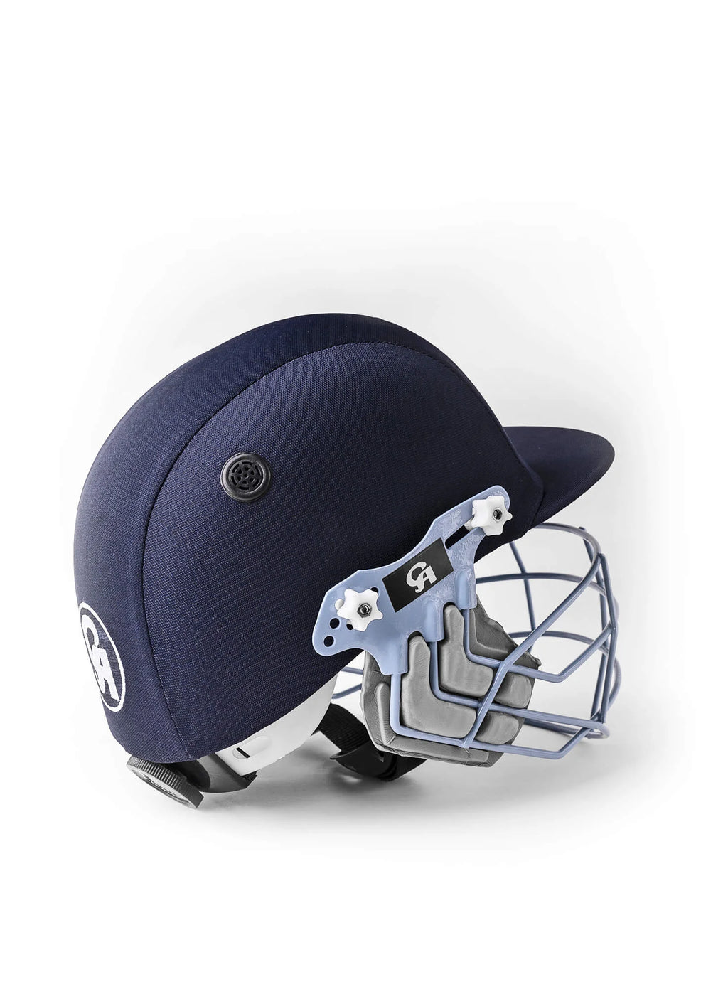 Rear side view of the navy blue CA Plus 8000 cricket helmet with a faceguard and white rear logo.
