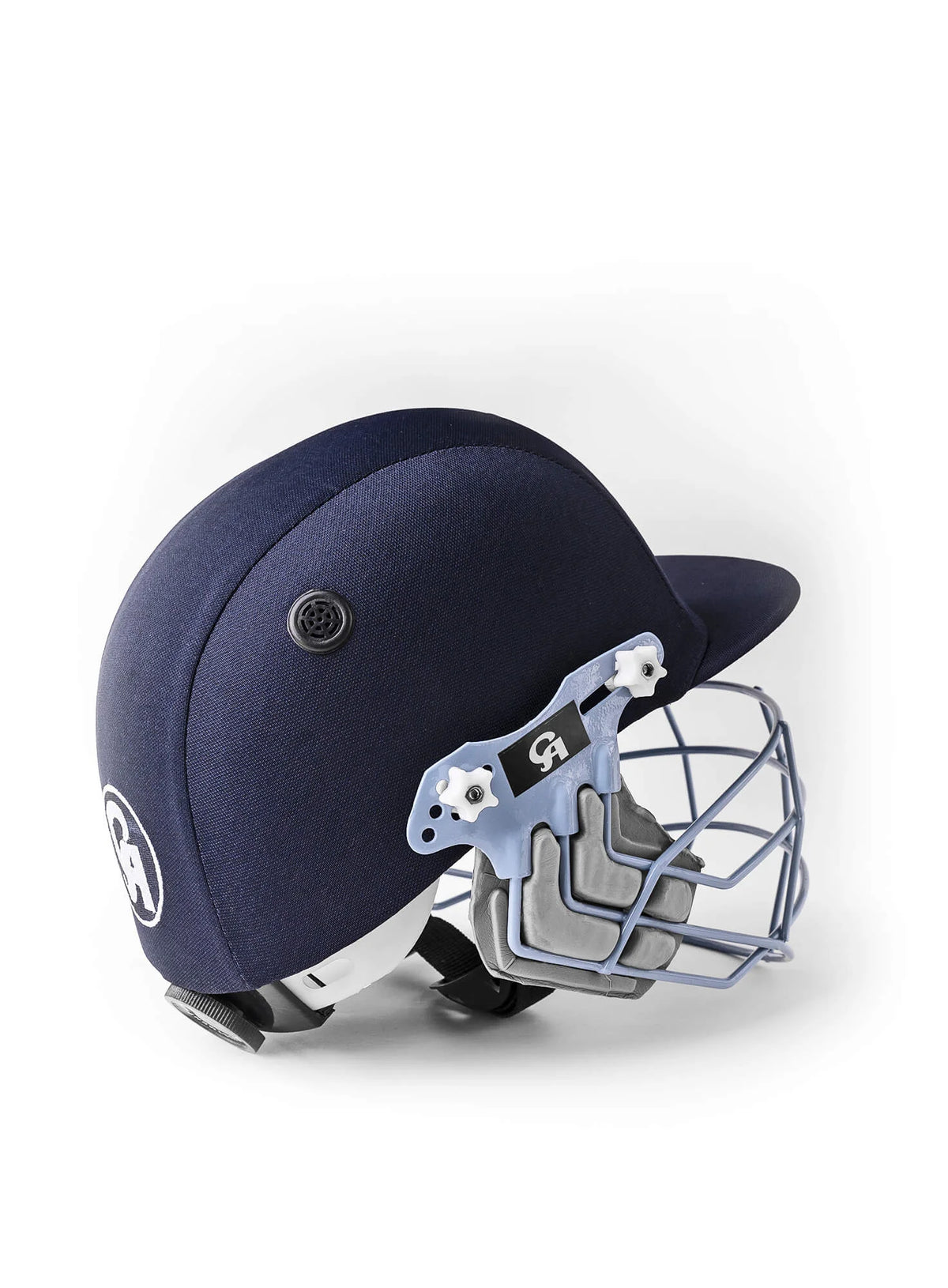 Rear side view of the navy blue CA Plus 8000 cricket helmet with a faceguard and white rear logo.
