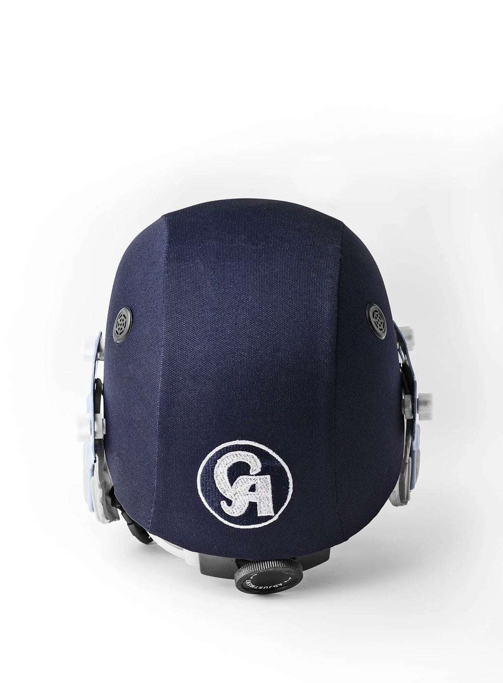 Straight rear view of CA PLUS 8000 navy blue cricket helmet showing white embroidered CA logo - Alberta Cricket Store