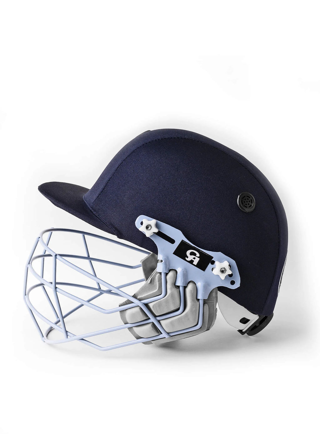 Left side profile view of CA PLUS 8000 navy blue senior cricket helmet with face grille - Alberta Cricket Store