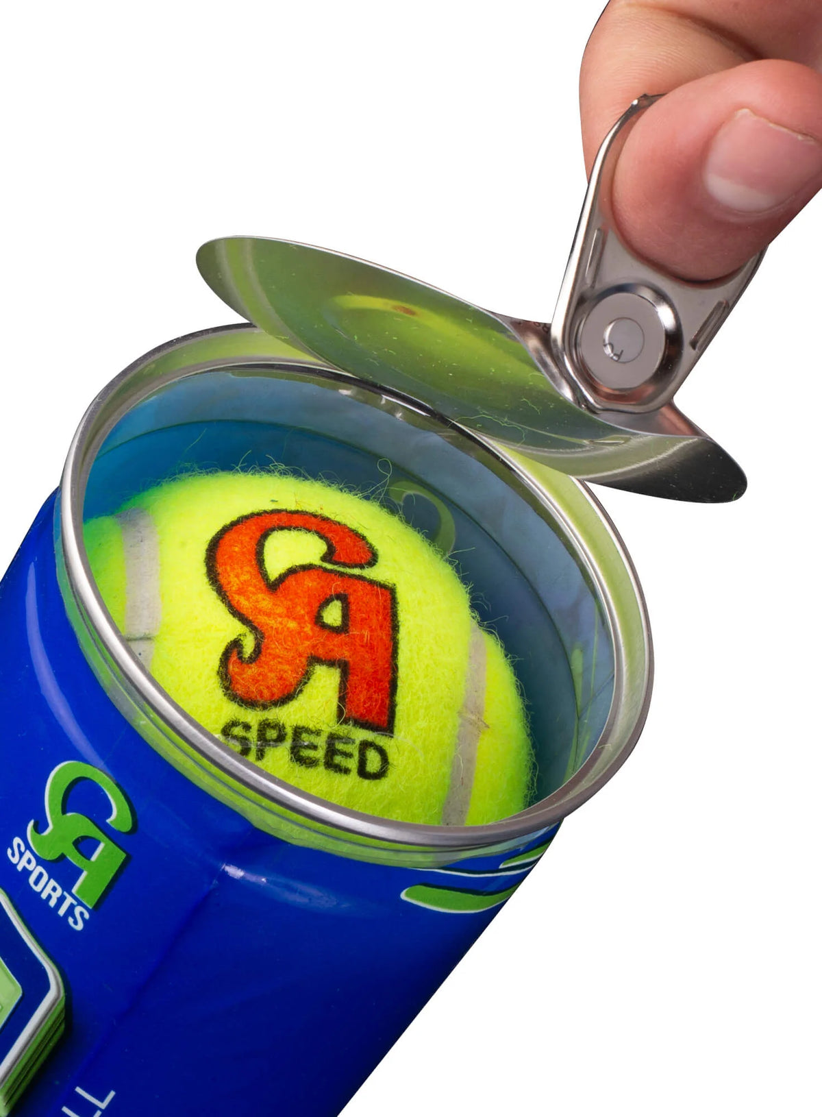 A hand opening a blue CA Speed ball can with a bright yellow cricket ball visible inside.