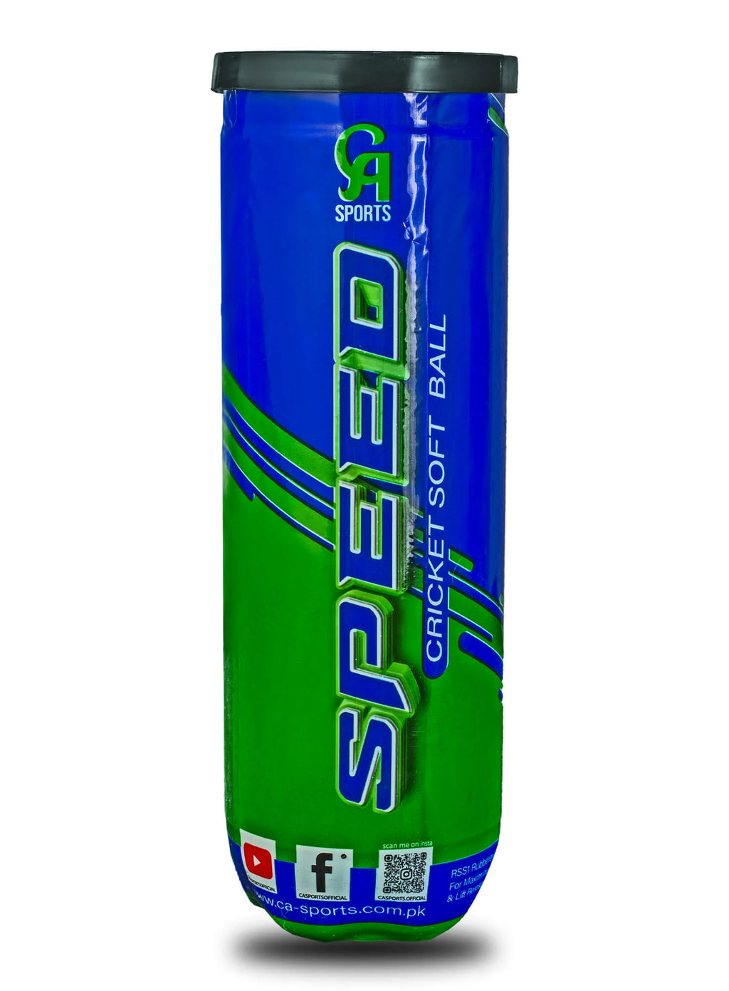 A sealed blue and green pressurized can containing a pack of CA Speed soft tennis cricket balls.