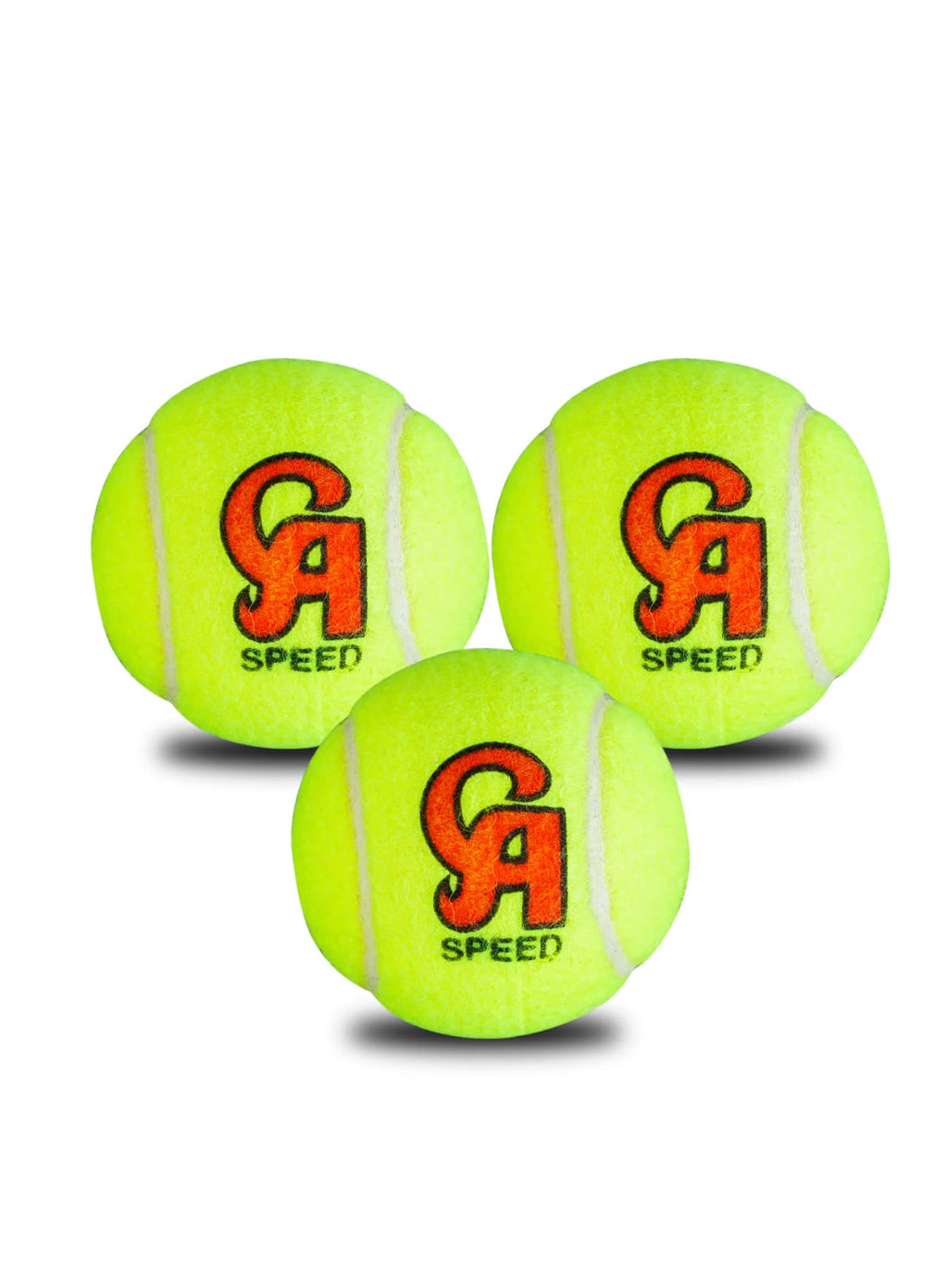 Three bright yellow CA Speed soft cricket balls with orange CA logos on a white background.