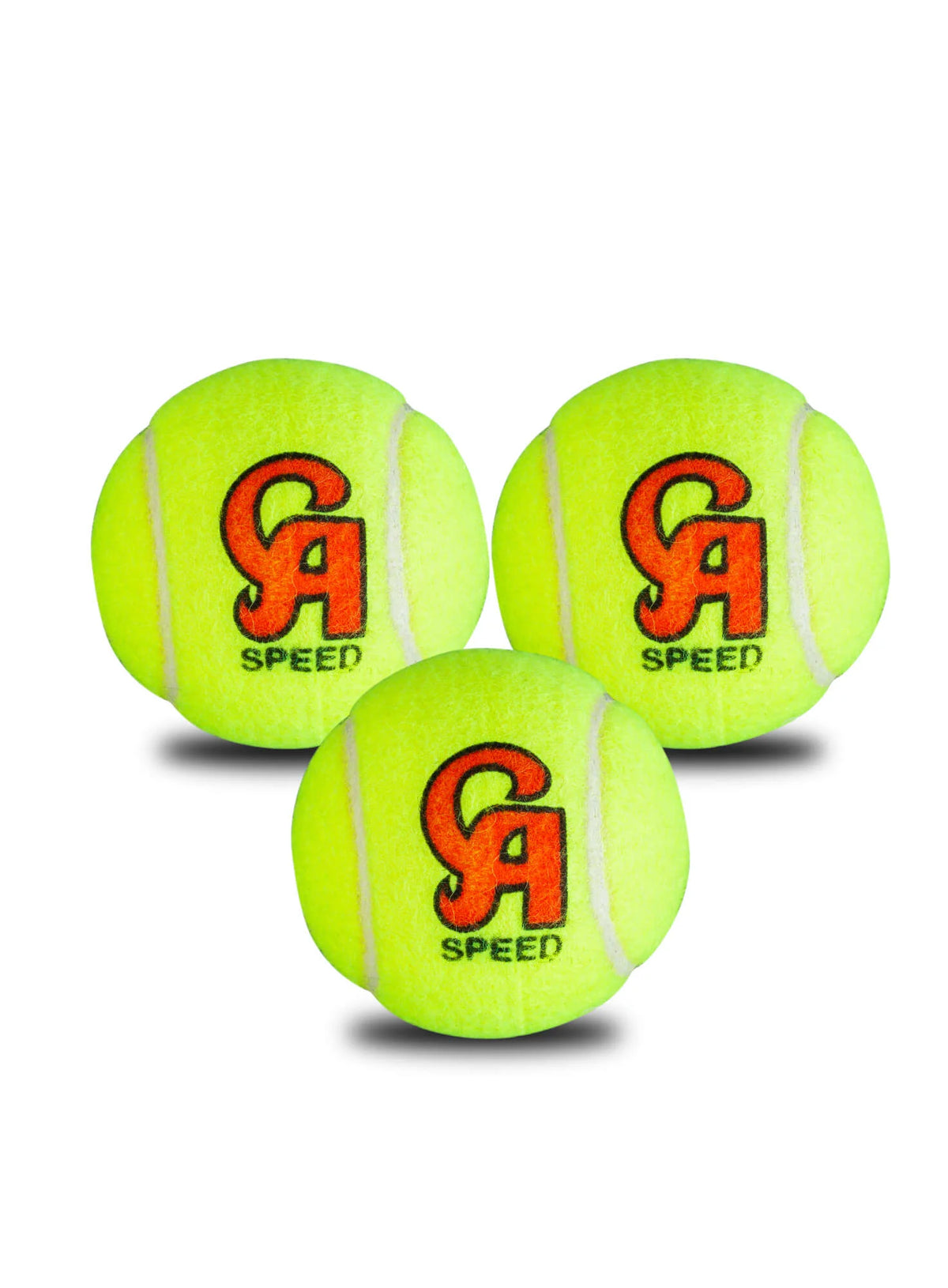 Three bright yellow CA Speed soft cricket balls with orange CA logos on a white background.